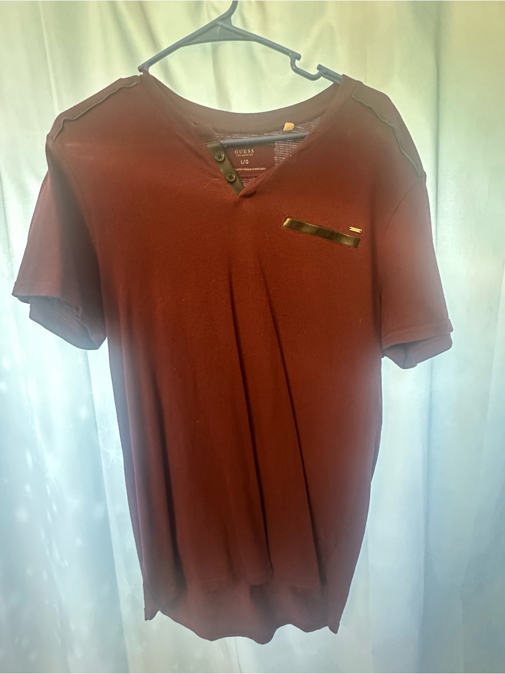 GUESS Men's Short Sleeve V-Neck Shirt - Black Leather Trim
